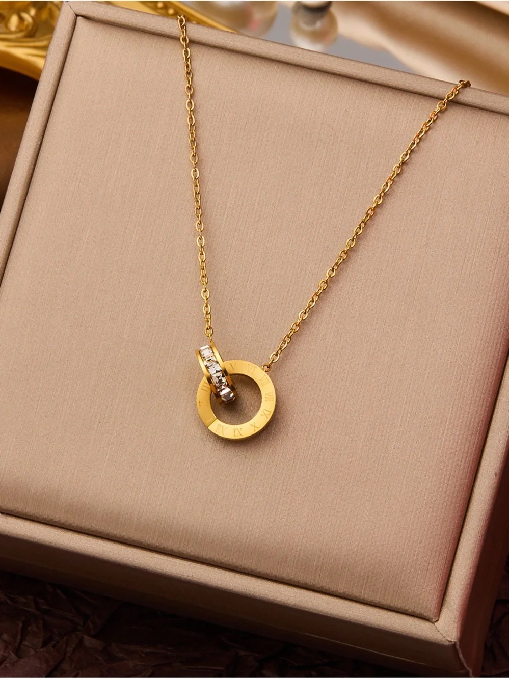 Gold Circle Pendant Necklace with Crystal Accent - Women Jewelry